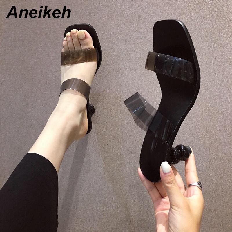 

Aneikeh Summer Women Shoes Sandals Gladiator PVC Concise Shallow Strange Style Slip-On Back Strap Dress Square Toe 35~41 New, Black