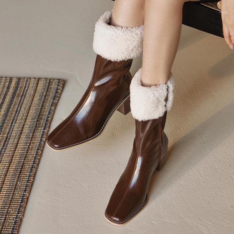 

Johnature 2020 New Winter Shoes Women Boots Genuine Leather Zip Square Toe Warm Concise Handmade Leisure Sewing Platform Boots1, Black