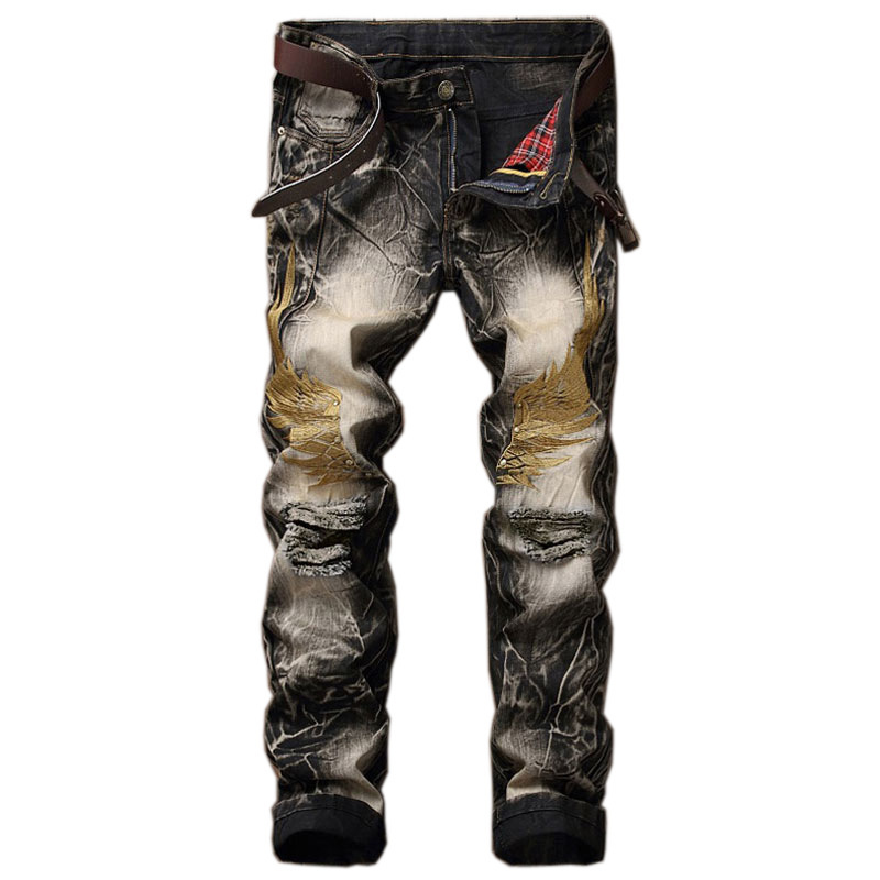 

Sale 2020 Hot Men's Brim Embroidered Designer Wings Denim Pants with Fly Biker Jeans Ripped for Man Size 28- Ydd9, Vintage