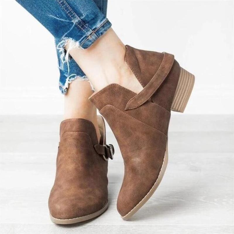 

Women Boots Low Heel Ankle Boots For Women Comfortable PU Leather 2020 Square Heel Buckle Strap Shoes Big Size 35-431, Khaki women boots