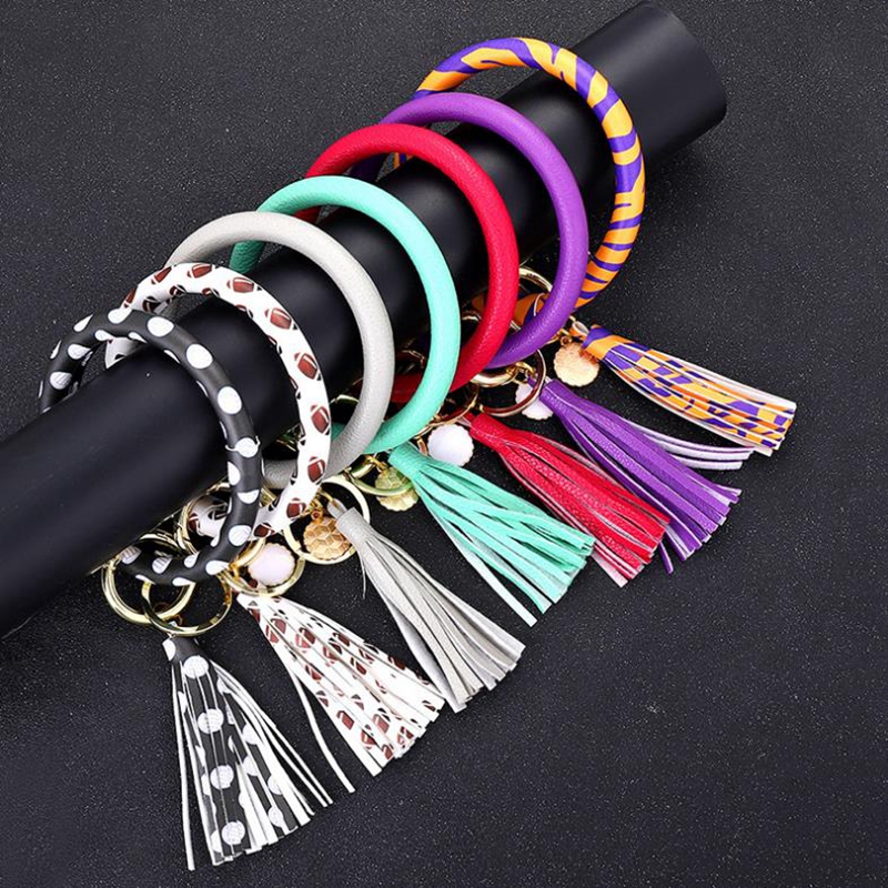 

Tassel Bracelet Keychains PU Leather Wristlet Keyring with Drop Oil Pendant Bracelet Wallet Key Ring Fashion Jewelry 12 Designs BT5319, As picture