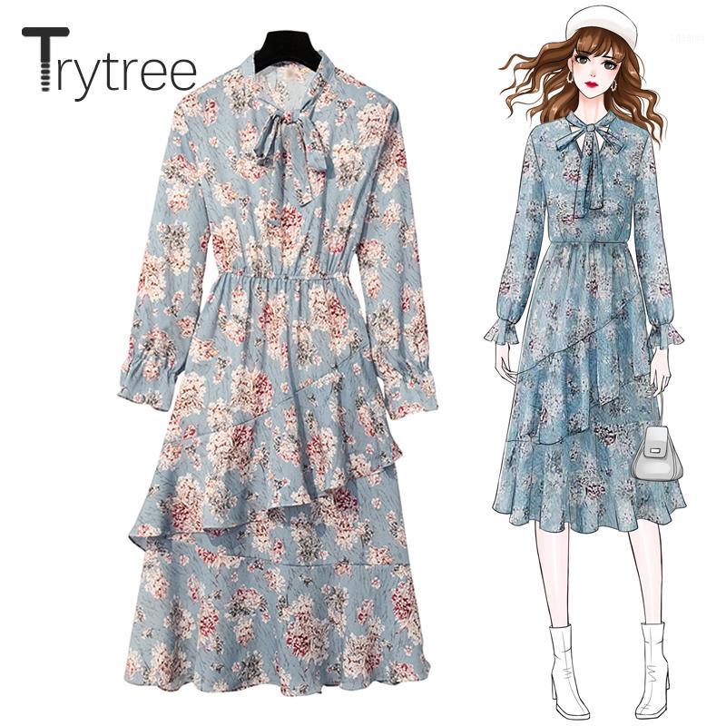 

Trytree 2020 Autumn Women Casual Bow Collar Flare Sleeve Print Fashion A-line Ruffles Mid-Calf Loose 2 Colour Office Lady Dress1, Blue