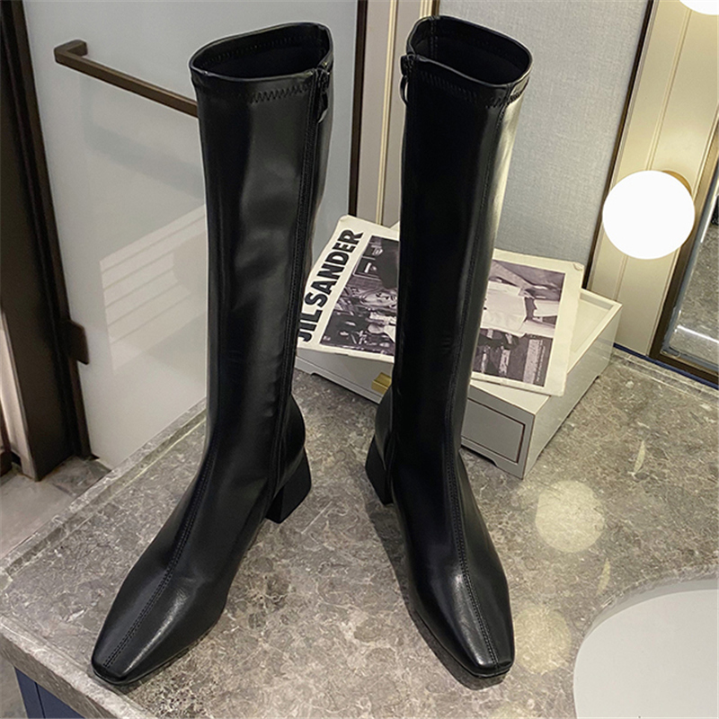 

2020 nova moda feminina preto bloco de salto alto coxa altas inverno quente pele botas longas praa dedo p na altura do P64D, Black