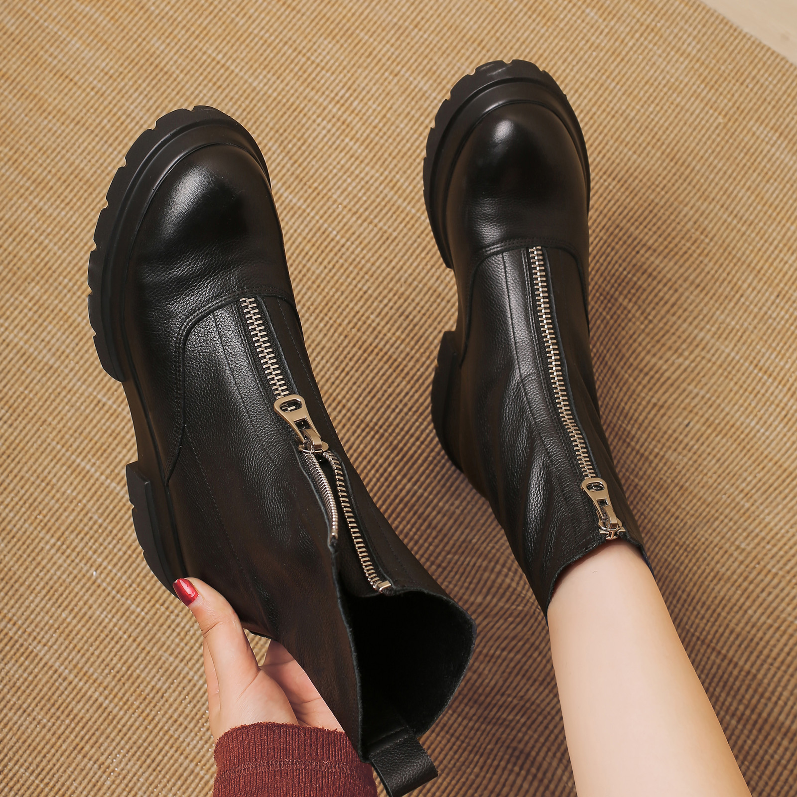 

Ins hot women genuine plus size craft fashion patent cow leather front zipper platform guidi boots N5HY, White-autumn