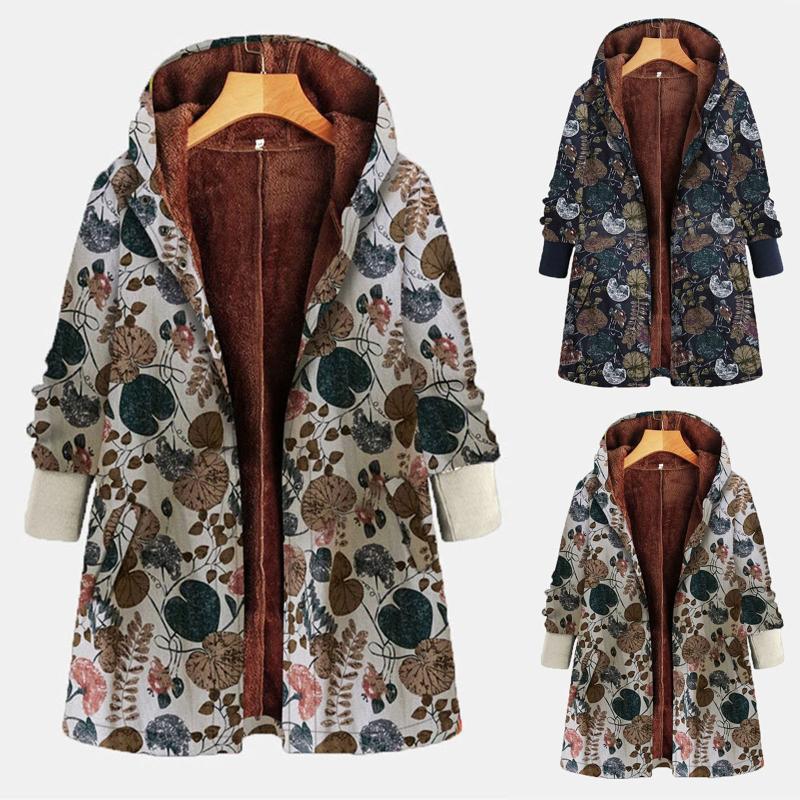

S-5xl Leaves Floral Print Warm Coat Fluffy Fur Cozy Zipper Outwear Winter Long Sleeve Hooded Jacket Retro Printing Splicing, Ny
