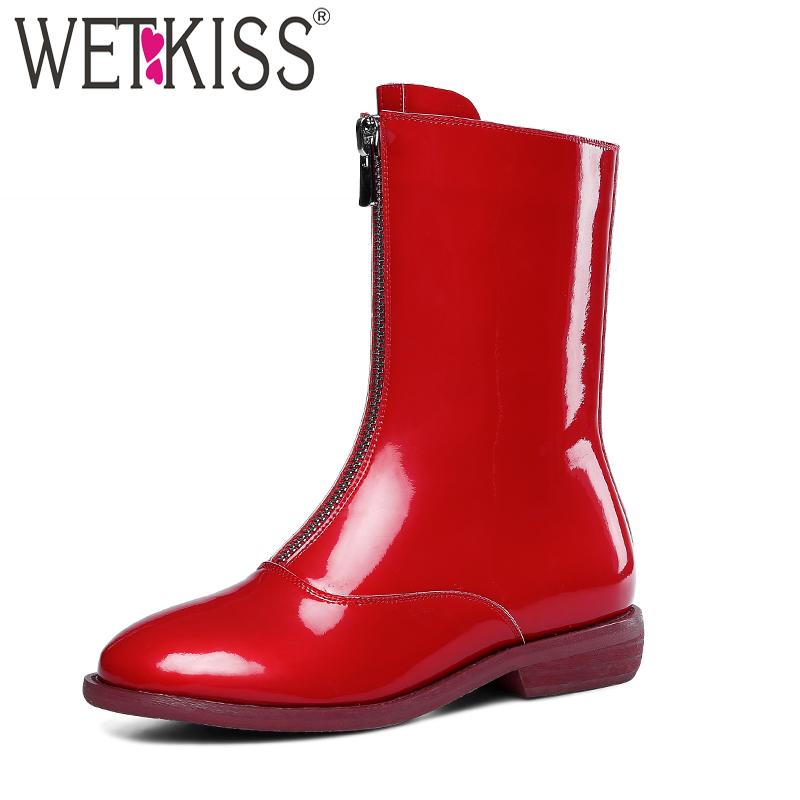 

WETKISS Patent Leather Women Ankle Boots Round Toe Footwear Motorcycle Female Boot Fashion Casual Rain Shoes Woman Winter 2020, Black