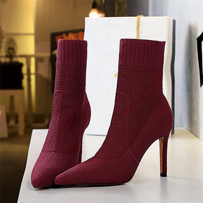 

2020 Women Fashion 9.5cm High Heels Pumps Pointed Toe Ankle Boots Nightclub Fashion Boots Winter Heels Sock Burgundy Sexy Shoes, Black