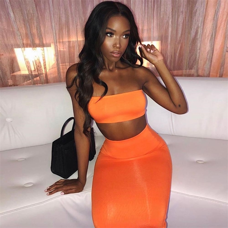 

Off Shoulder Bodycon Women Dress Summer Sleeveless Backless Club Party Sexy Wraps Stretch Ankle-Length Dress Strapless Nightclub Y200824, Orange