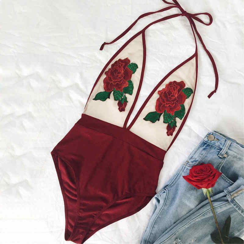 

New Sexy Summer Floral Embroidery Swim Wear Halter Sexy Women Swimsuit Push Up Bikini High Waist One Piece Monokini Swimwear1, Black