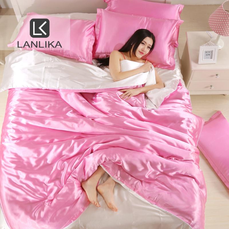 

Lanlika Pink White Satin Silk Luxury Bedding Set Duvet Cover Queen King Size Adult bed Linen Home Textile Pillowcase Sheet, 006