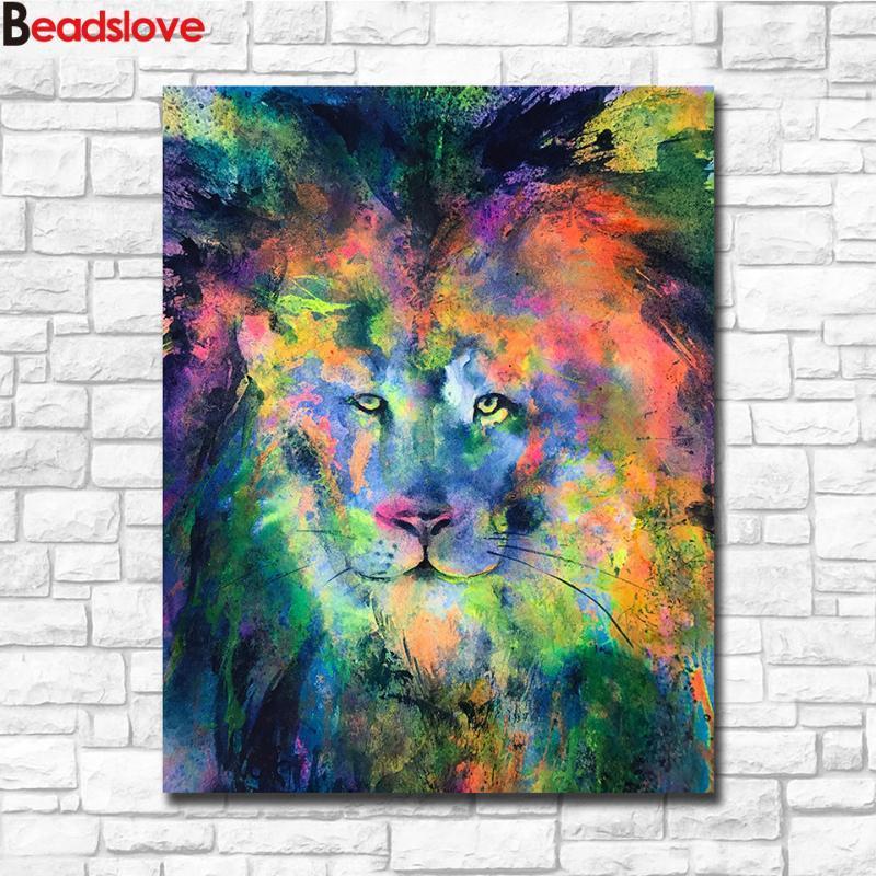 

diamond painting colorful lion,5 d diy daimond embroidery full round square drills mosaic diamond inlaid animal pattern,1