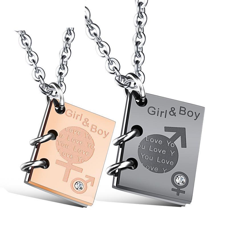 

Pendant Necklaces Vintage Creative Zircon Openable Book Titanium Steel Couple