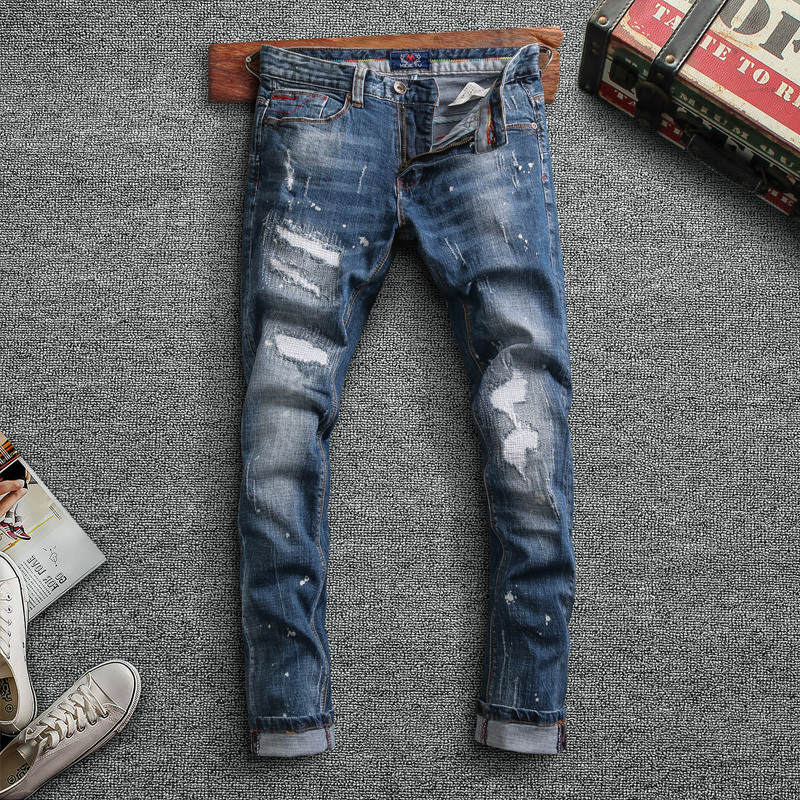 

2021 New Fashion Streetwear Men Jeans High Quality Retro Blue Slim Fit Ripped Denim Pants Patchwork Vintage Designer Hip Hop Trousers Om54