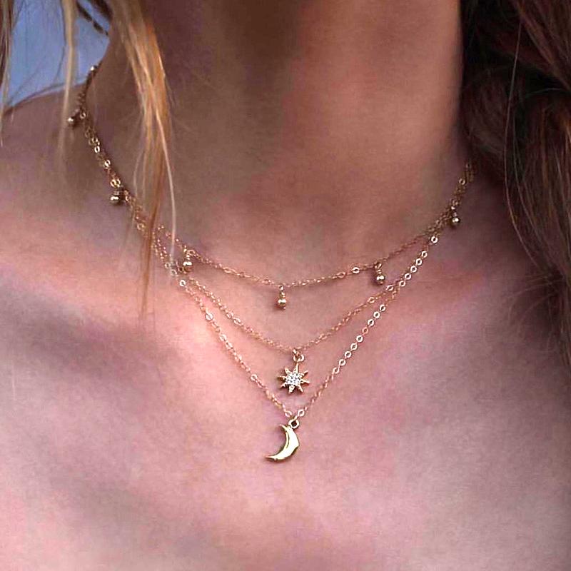 

Gold Moon Star Crystal Layered Statement Chain Neckalce For Women 2020 Pendant Fashion Jewelry Accessories Gift Wholesale
