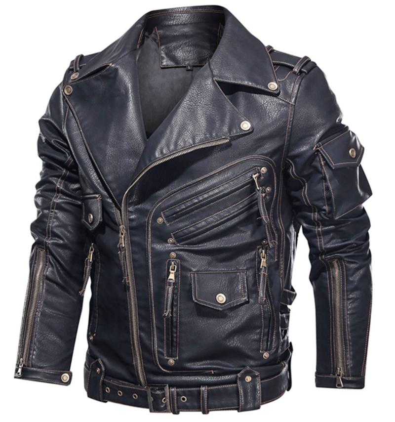 

Mens Winter Leather Jacket Motorcycle PU Leather Jacket Men Cool Zipper Multi-pocket Bike Chaquetas Hombre Coats, Black