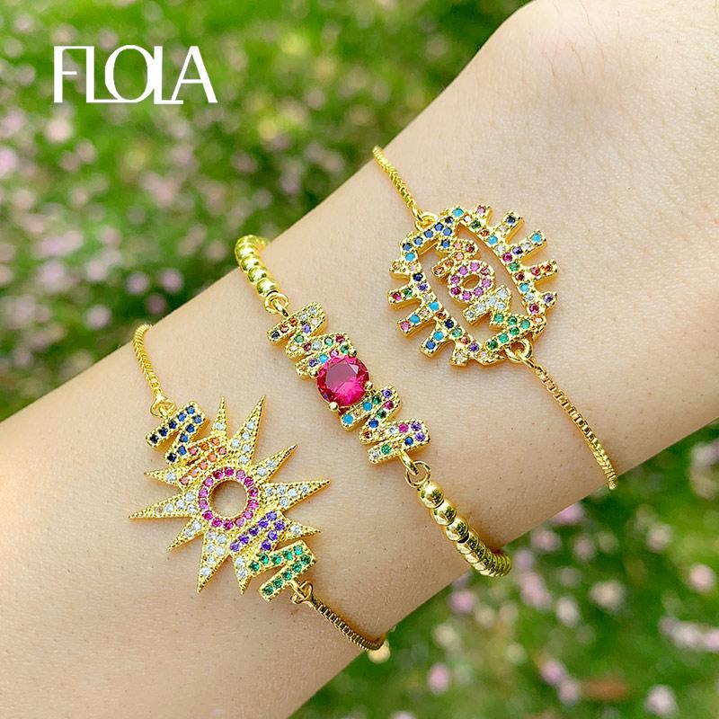 

FLOLA Multicolor Letter MOM MAMA Charms Bracelet For Women Gold Sun Bracelets Cubic Zirconia Adjustable Fashion Jewelry brtc071