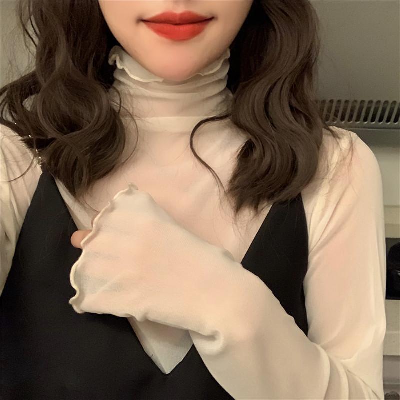 

Gauze Lace Base Shirt Female Autumn and Winter 2020 New Style Slim Fit High Collar Frilled Underwear Western Style Long-sleeved, Black