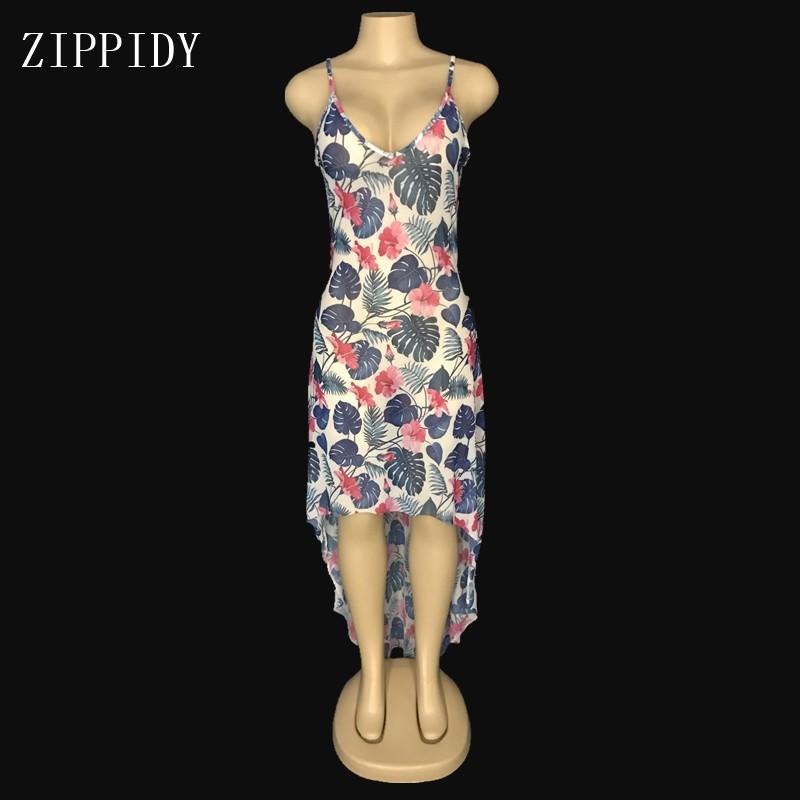 

Sexy Design Printing Flower Pattern Mesh Dress Party Birthday Celebrate Stretch Dress Fashion Stage Dance Singer Costume, Multi