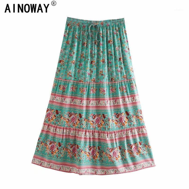 

Vintage chic women green floral print ethnic beach Bohemian skirt ladies High Elastic Waist rayon cotton Boho Maxi Skirts1