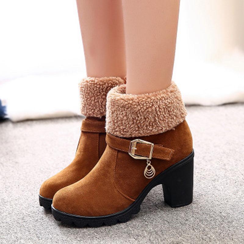 

2020 Autumn winter new style round head high heel thick heel belt buckle two wear flanged ankle boots large size boots, Black