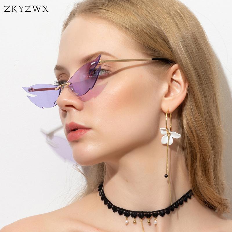 

ZKYZWX Vintage Cat Eye Sunglasses Women Trending Ocean Lens Rimless Sun Glasses for Men Luxury Design Street Shot Small Glasses