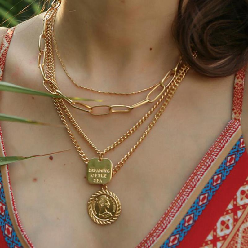 

Best Couple Jewelry Gift Multi Layer Pendant Choker Retro Portrait Coin Pendant Exaggerated Geometric Alloy Multilayer Necklace