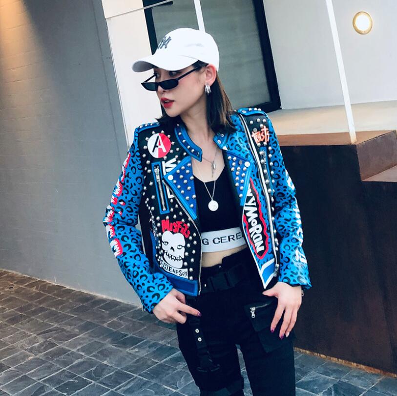 

Hot Sale Womens punk rock leather pu jacket coat hip-hop Graffiti rivet print short motorcycle locomotive women leather jackets, Black