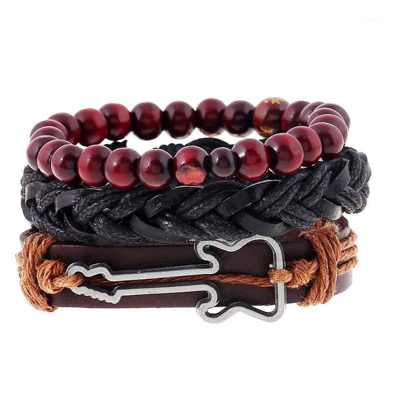 

Guitar Alloy Charm Genuine Leather Cord Wooden Beads Men Bracelets Multi Layer Vintage Cuff Wristband Jewelry for Women1