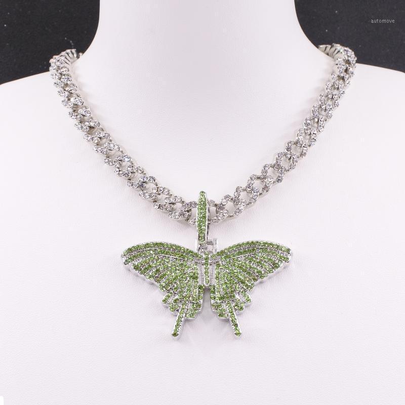 

8MM Miami Cuban Link Chain 48MM Green Butterfly Pendant Pink Blue Crystal Women's Necklace Rap Hip Hop Silver Color Jewelry Iced1