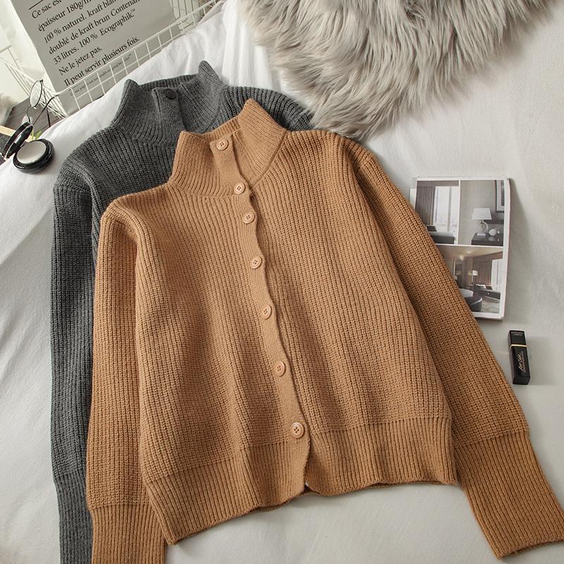 

Autumn New Korean Style Long-Sleeve Cardigan Sweater Women's Casual All-Matching High Neck Knitwear Loose Bottoming Top, Gray
