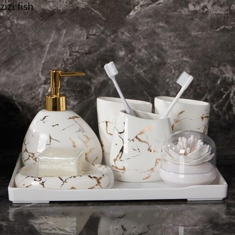 

Bath Accessory Set 6/7pcs Gold Marble Ceramics Bathroom Accessories Soap Dispenser/Toothbrush Holder/Tumbler/Soap Dish Products1