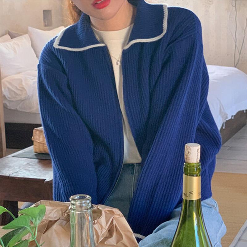 

Women's Knits & Tees Wild Hit Color Turn Down Collar Blue Cardigan Knitted Top Loose Long Sleeve Zip Up Sweater Coat Pull Femme Casual Japan, White