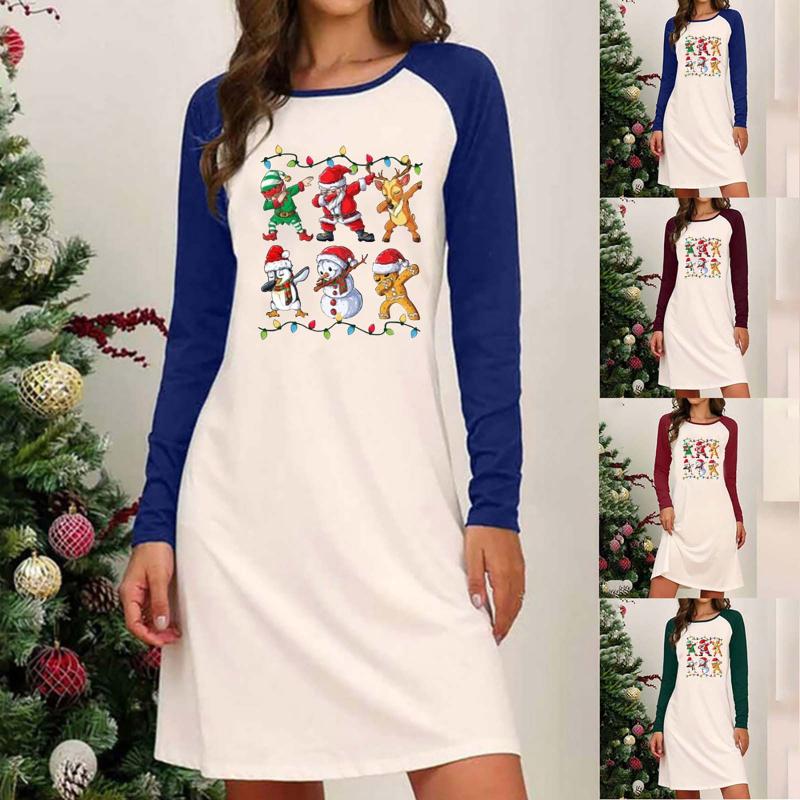 

In Stock Autumn Winter Women Fashion Pullover Christmas Printing Splicing Long Sleeves Loose Home Mini Dress Sleepwear Vestidos, Blue