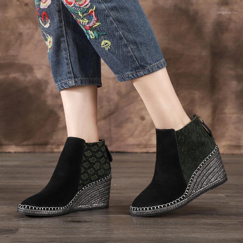 

2020 Handmade Woman Wedges Boots Natural Leather Winter Mixed Color Thick Heels Vintage Shoes Ankle Boots1, Black and green