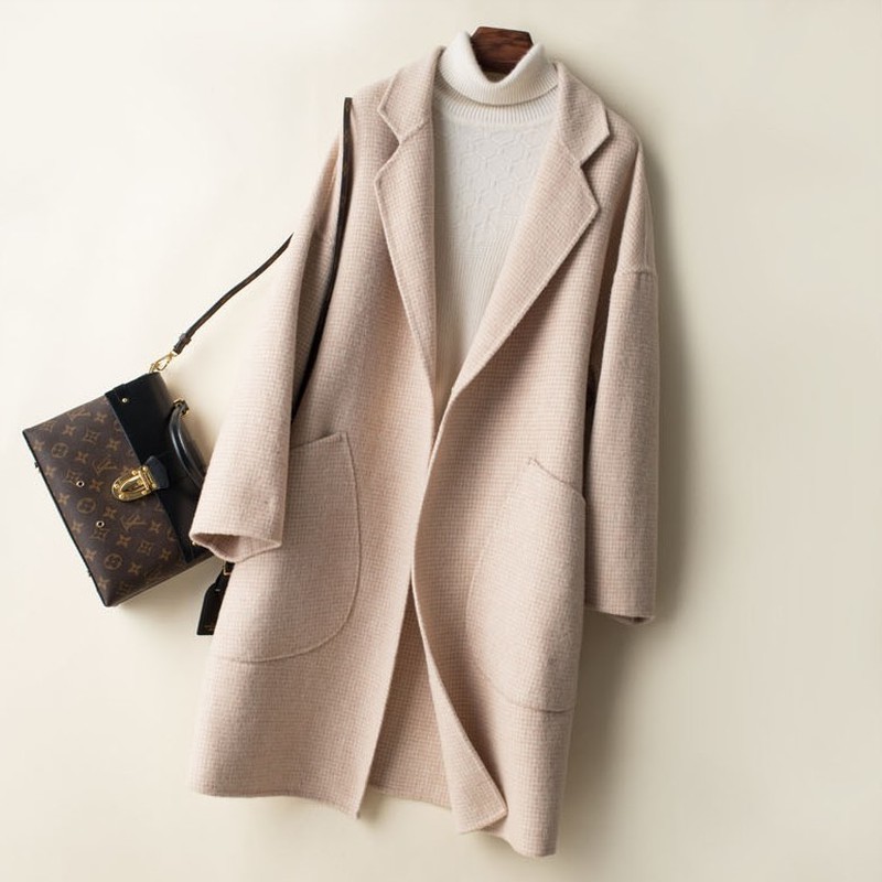 

Wool 100% Woman's 2020 Clothes, Spring-autumn Coat, Double-faced, Goose-foot Pattern, Long Korean Jacket, Femme Mantle Zawg, Pink one