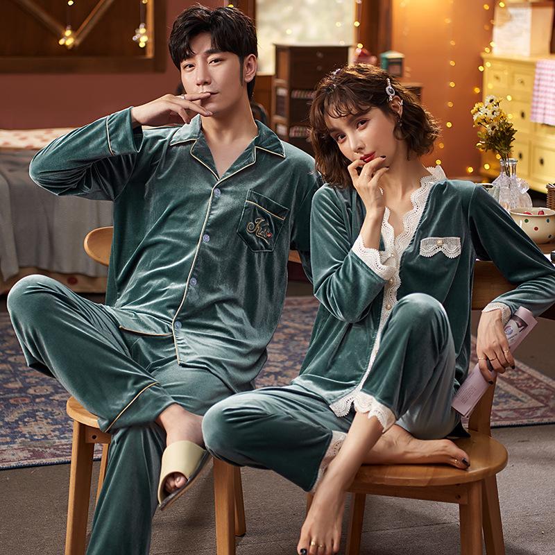 

FZSLCYIYI Autumn Winter Couple Warm Velour Pajamas Woman Man Pyjamas Set Sleepwear Gold Velvet Top And Pants Pijamas Homewear, Navy blue pink