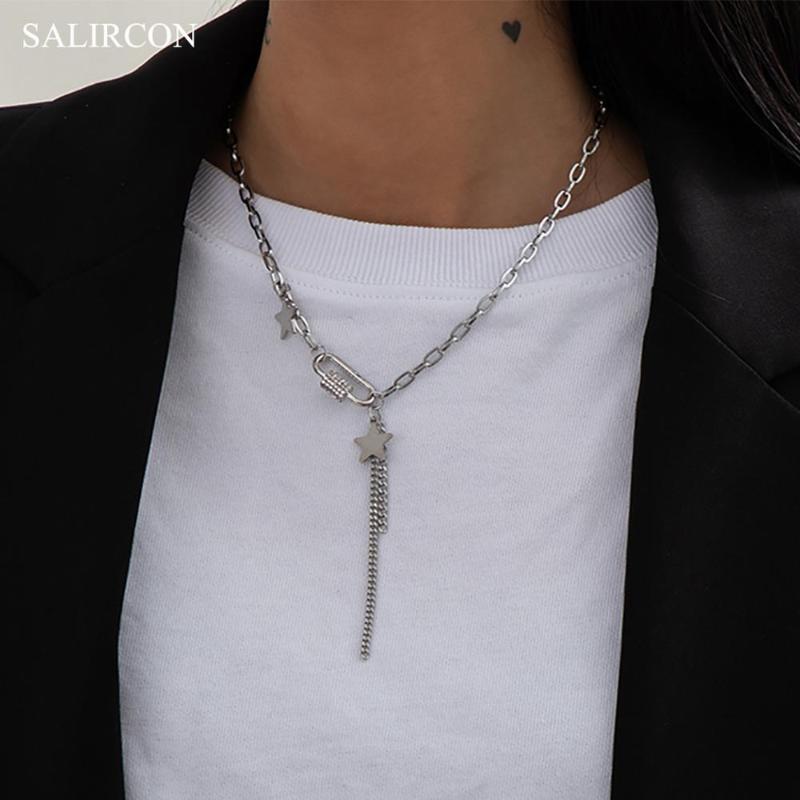 

Salircon Kpop Stainless Steel Pins Rhinestone Pendant Necklace Goth Simple Star Choker Chains Necklaces for Women Accessories