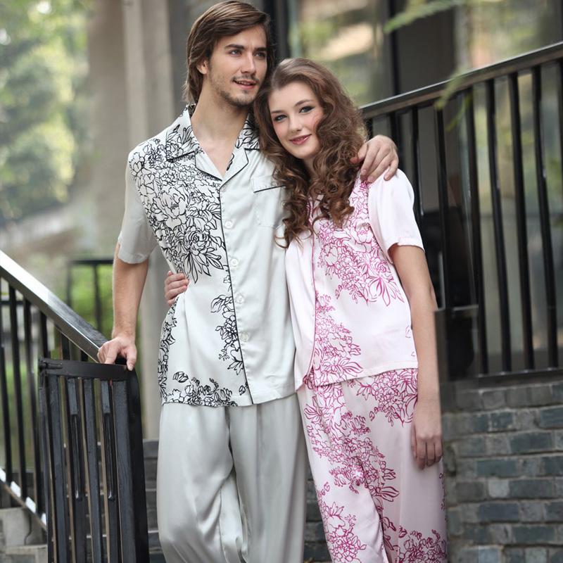 

Men's Pyjama Silk Pajamas for Couples Spring and Autumn Symmetrical Printed Couple Pajamas Matching Loungewear, Pink
