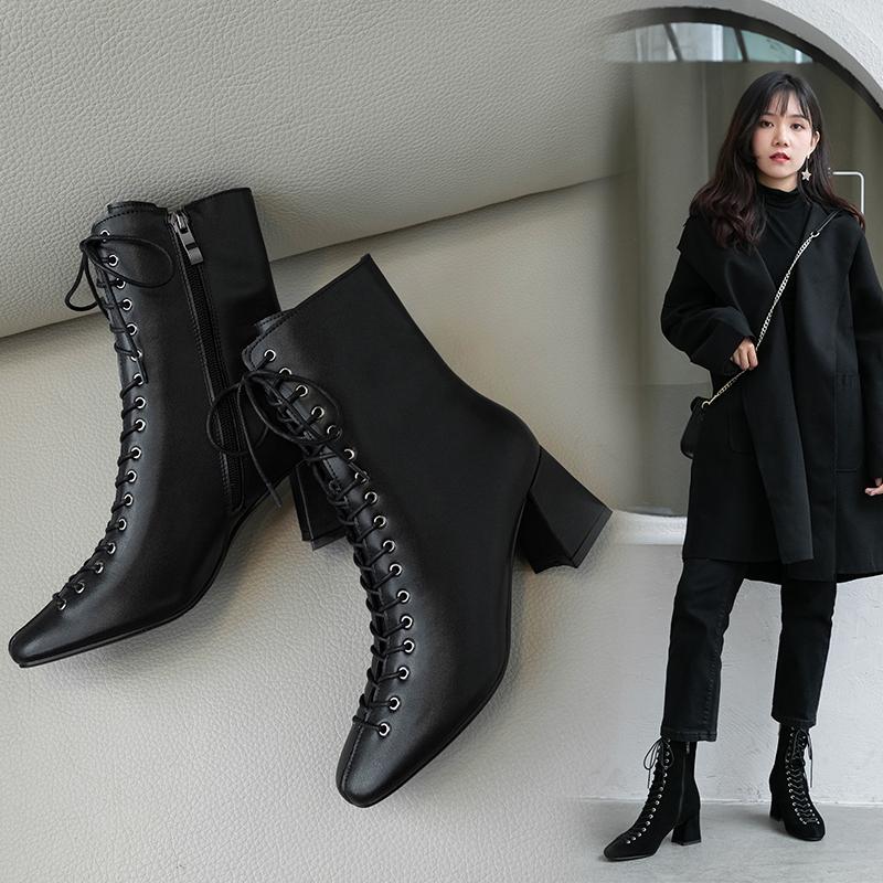 

2021 Spring New Boots, Leather Women's Boots, Fashionable and Comfortable High-heeled High-heeled Shoes 31-42, Black cowhide