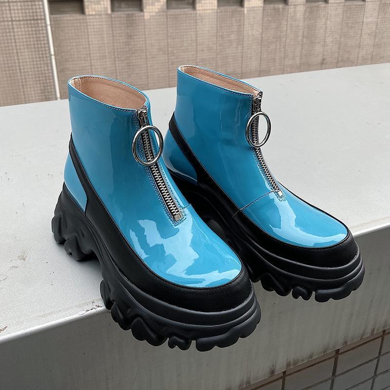 

2021 New Fashion Dad Shoes Top Quality Patent Leather Mixed Colors Autumn Winter Flat Casual Shoes Women Ankle Boots1, Black