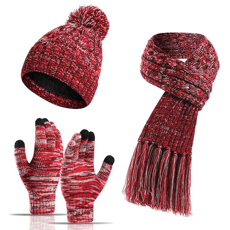 

Hats, Scarves & Gloves Sets Women 3Pcs Plush Lined Knit Beanie Hat Tassel Long Scarf Touch Screen Set 270D