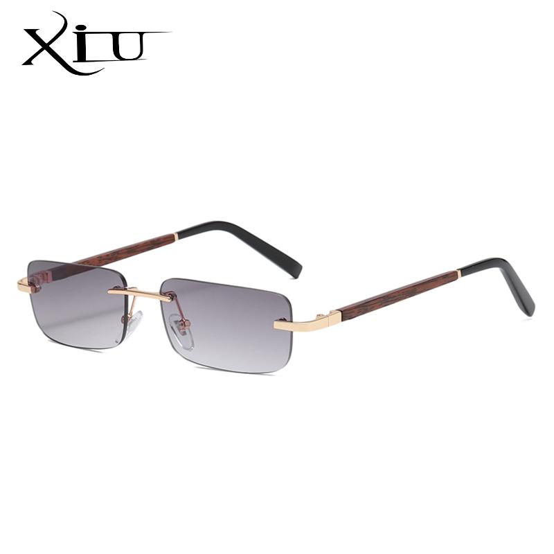

Sunglasses XIU Brand Tinted Rimless Rectangular Retro Blue Brown Imitated Wood Frame Frameless Women Glasses For Men UV400