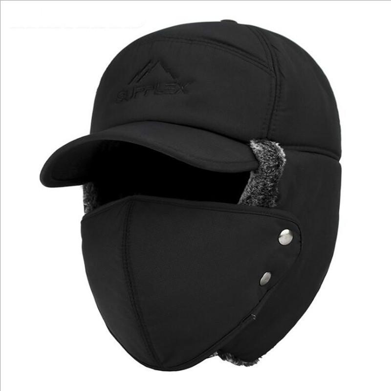 

Trend Winter Thermal Bomber Hats Men Women Fashion Ear Protection Face Windproof Ski Cap with mask Velvet Thicken Couple Hat, Black
