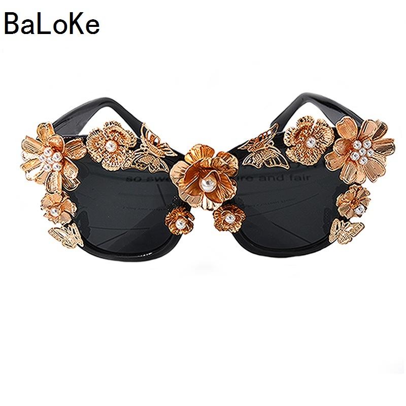 

Fashion Baroque Retro Sunglasses Women Metal Flower Vintage Eyewear Brand Design Sun Glasses Metal butterfly Pearl Sunglasses