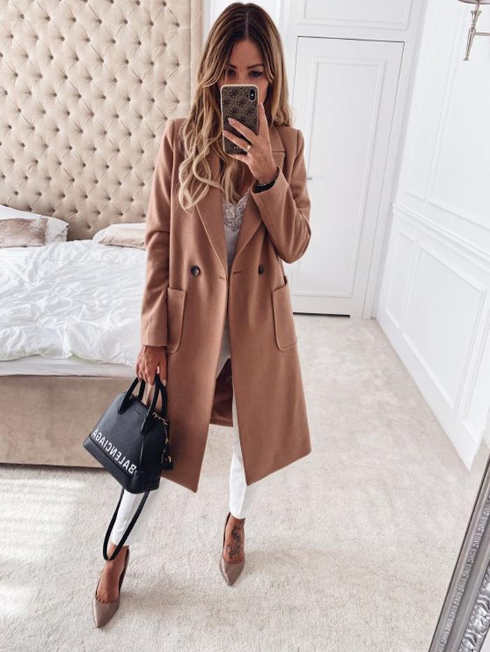

Winter Wool Jacket Coat Women Retro Long Sleeve Pocket Vintage Outwear Plus Size Streetwear Female Clothes Office Ladies Trench, Black