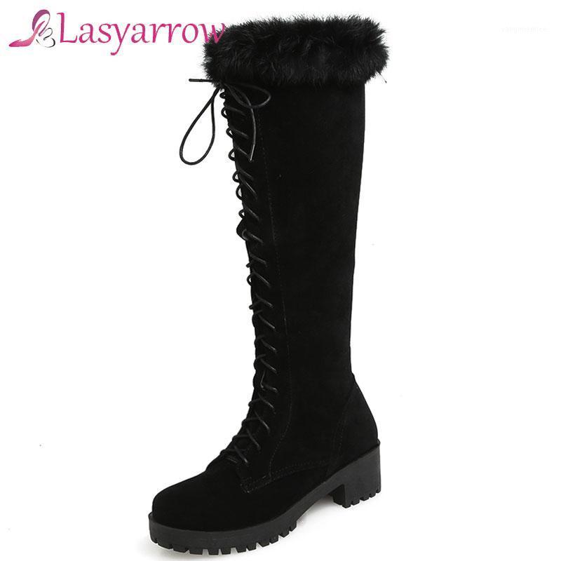 

Lasyarrow 2021 Winter Fur Warm Knee High Boots Women Snow Boots High Heel Lace-up Female Shoes Thigh zapatos de mujer1, Black