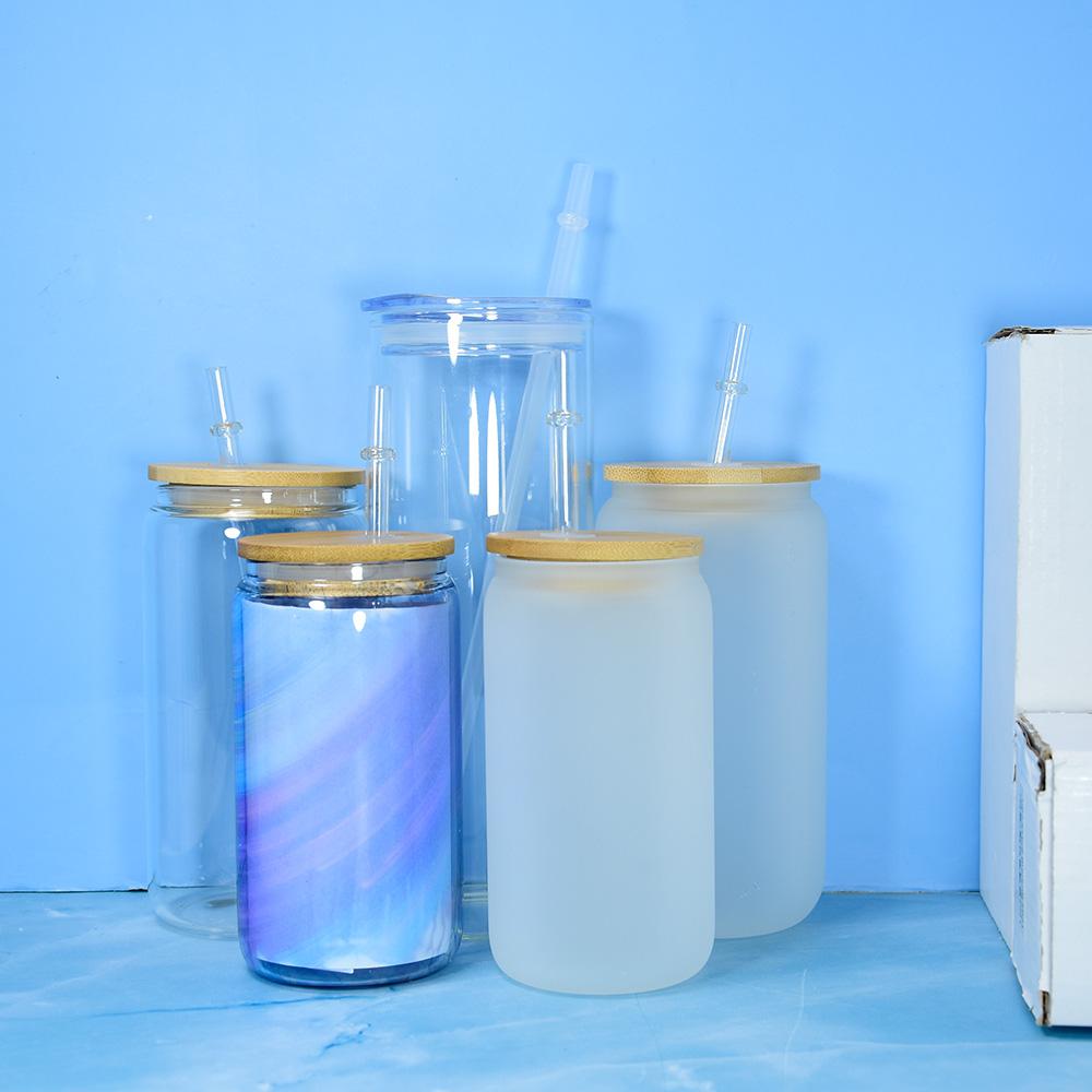 

Sublimation Glass Beer Mugs with Bamboo Lid Straw 16oz DIY Blanks Frosted Clear Can Shaped Tumblers Cups Heat Transfer Cocktail Iced Coffee Soda Glasses