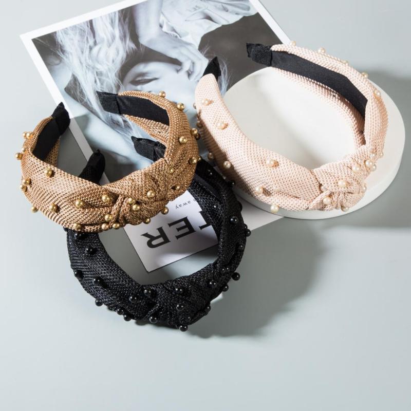 

2020 Luxury Inlaid Pearl Bowknot Women Headband Fashion Lady Pearl Headband Wide Brim Net Yarn Female