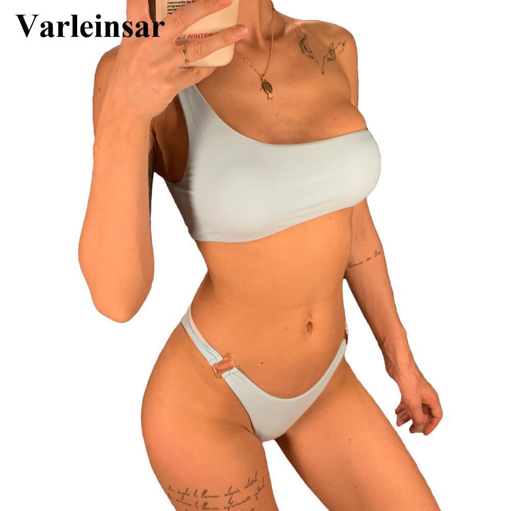 

One Shoulder Bikini Women Swimwear Halter Swimsuit Female Two-pieces Bikini set Brazili Bather Bathing Suit Swim V1333 Y200319, White