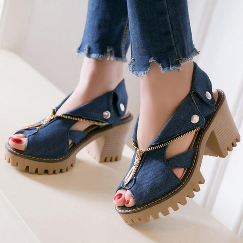 

New Women's Sandals Summer Flanged Denim High Heels Sexy Fish Mouth Casual Shoes Women's Thick Bottom Pumps Ladies Sponge Shoes1, Bu